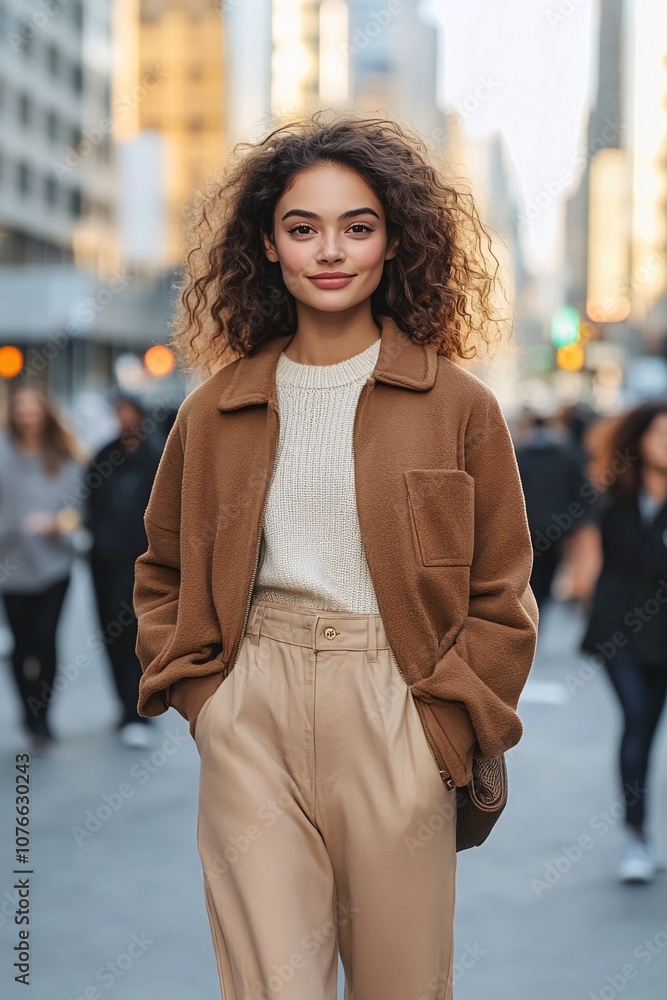 Fototapeta premium Confident Young Woman Walking in Fashionable Outfit on Busy City Street