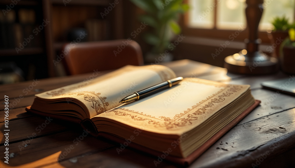 An Open Book on a Wooden Table with a Pen An Open Book on a Wooden Table with a Pen