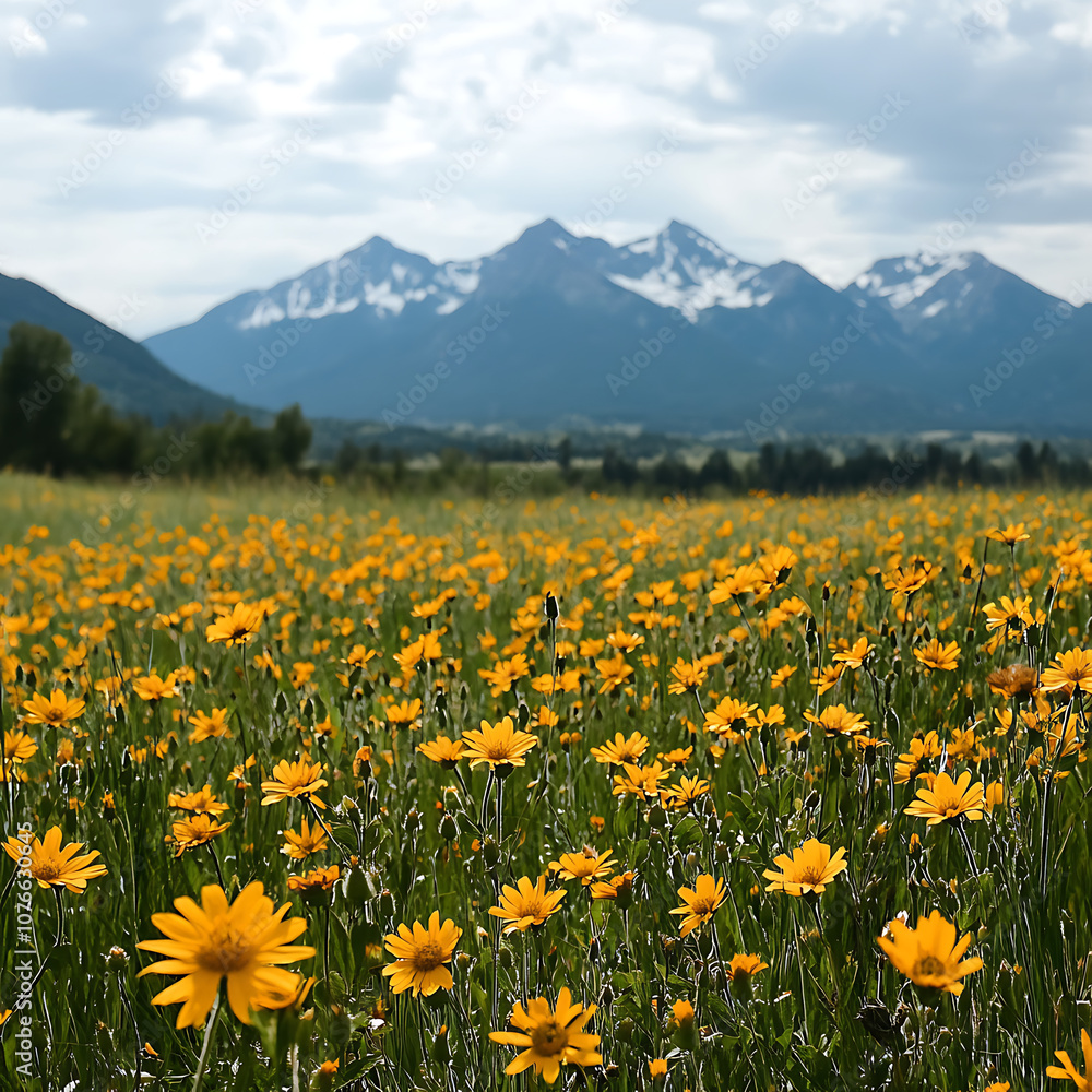 Yellow floral field with breathtaking mountain background image Yellow floral field with breathtaking mountain background image