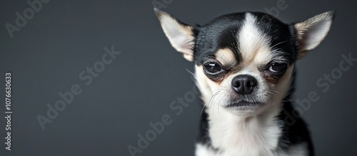 A close-up of a small, serious-looking Chihuahua dog.