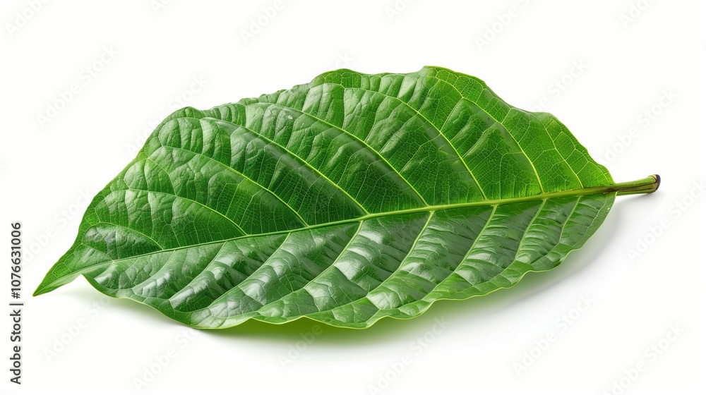 Single Green Leaf with Prominent Veins on White Background Single Green Leaf with Prominent Veins on White Background