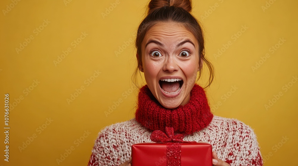 A young woman with a surprised expression holds a red gift box in front of a yellow background. A young woman with a surprised expression holds a red gift box in front of a yellow background.