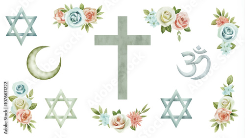 Watercolor symbols of the Jewish holiday of Yom Kippur