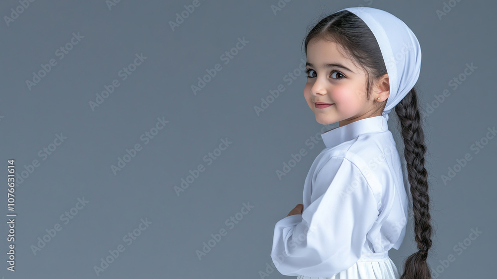 Arabian little girl student smiling wearing uniform isolated on gray background Arabian little girl student smiling wearing uniform isolated on gray background