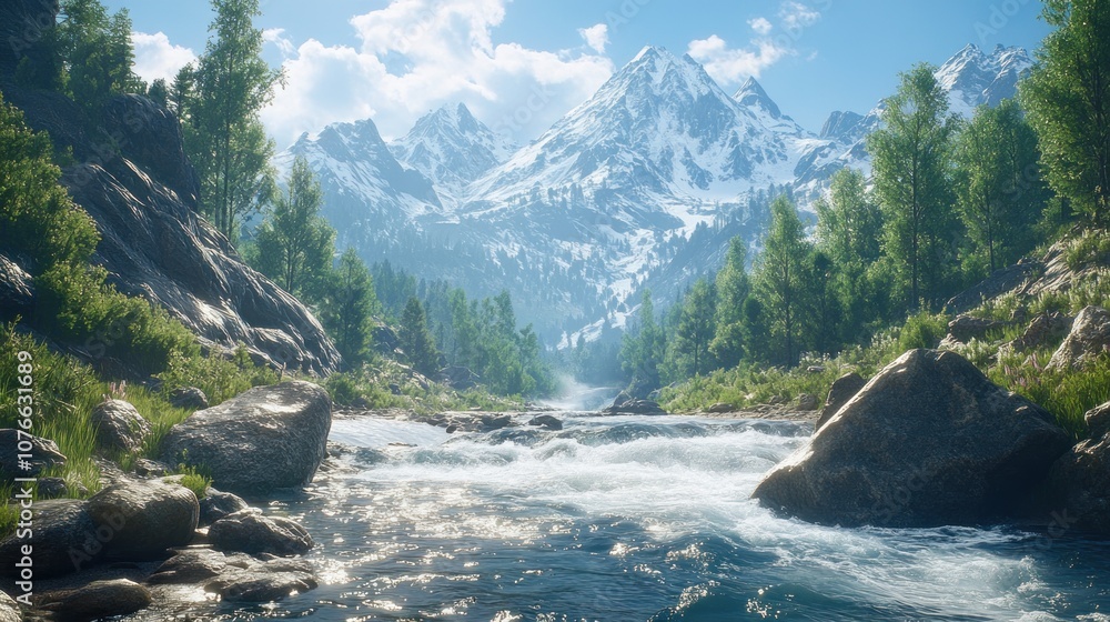 A River Flows Through a Mountain Valley A River Flows Through a Mountain Valley