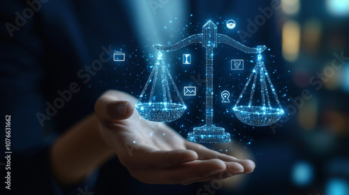 A person in a professional setting displays a balance scale, symbolizing justice, while digital icons float around, indicating the fusion of law and technology in contemporary practice.