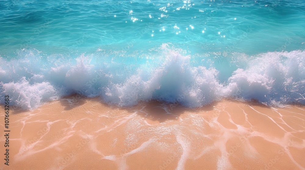 Fototapeta premium Gentle waves lapping on a sandy beach under a bright blue sky.
