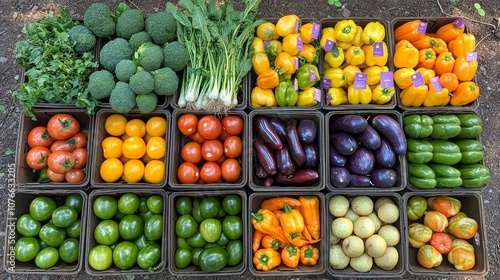 Colorful arrangement of fresh vegetables at a local marketplace showcasing diverse produce varieties in vibrant hues and textures photo