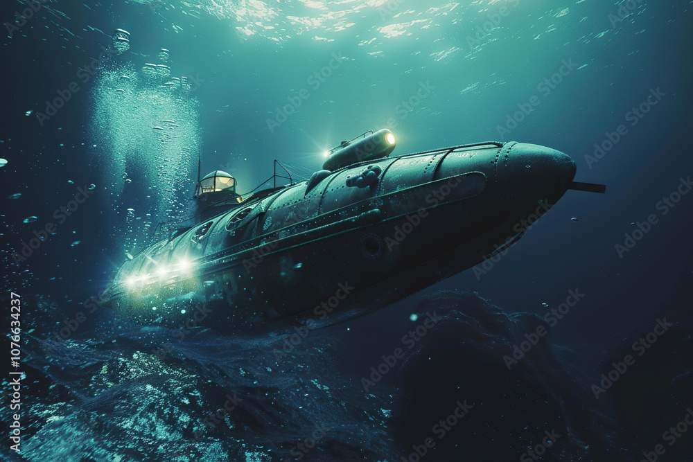 Fototapeta premium Beautiful large bathyscaphe floating in middle of ocean during exploration