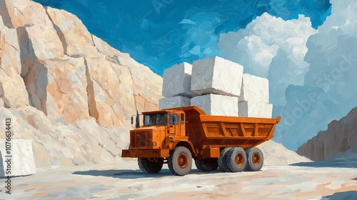 A vibrant orange dump truck transporting raw materials in a quarry. photo