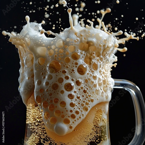 Sparkling Beer Foam Overflowing from a Frosty Mug, Set Against a Deep Black Background photo