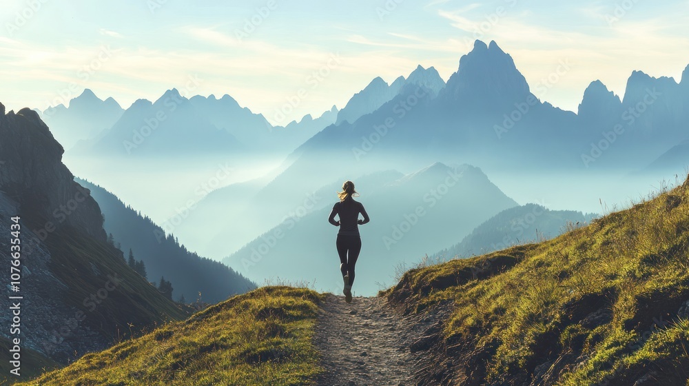custom made wallpaper toronto digitalA powerful silhouette of a woman running on a scenic trail surrounded by mountains, with her figure highlighted against