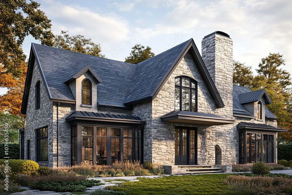 An elegant and modern stone house with large windows, a black roof, dark wood accents, and greenery in the yard. The exterior design showcases traditional elements like gable roofs. An elegant and modern stone house with large windows, a black roof, dark wood accents, and greenery in the yard. The exterior design showcases traditional elements like gable roofs.
