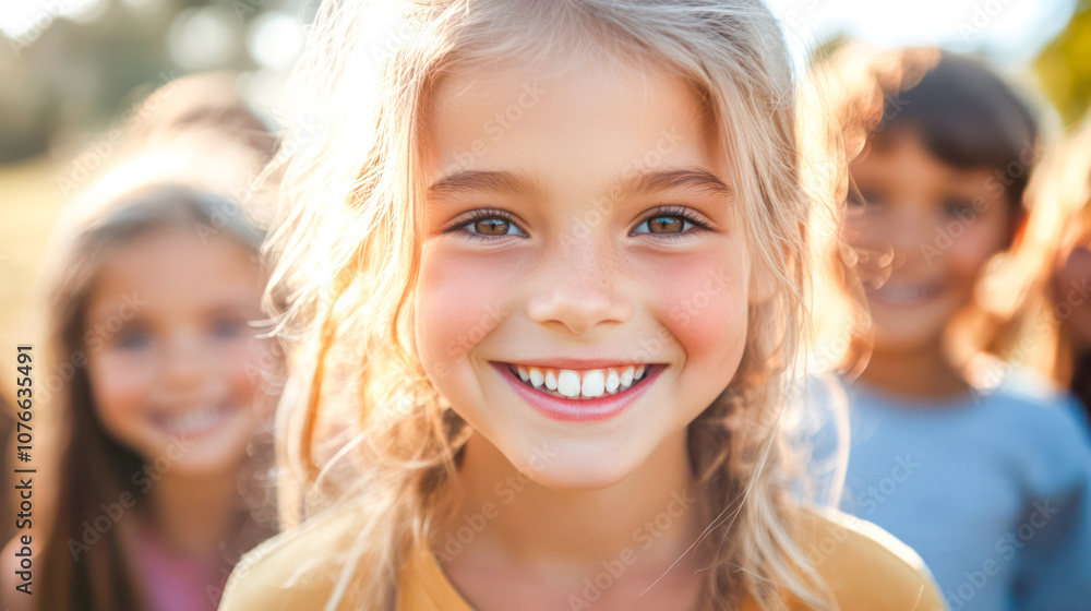 A young girl with blonde hair smiles and shows off her healthy teeth. The girl is wearing a yellow shirt and is surrounded by other children. A young girl with blonde hair smiles and shows off her healthy teeth. The girl is wearing a yellow shirt and is surrounded by other children.