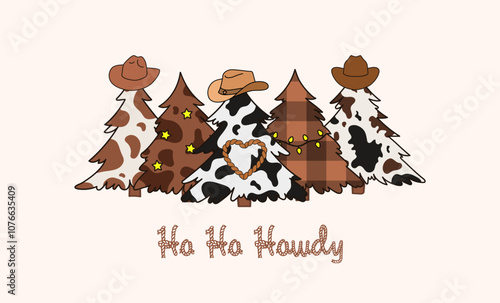 Ho Ho Howdy. Funny Cowboy style Christmas tree. Plaid cow texture