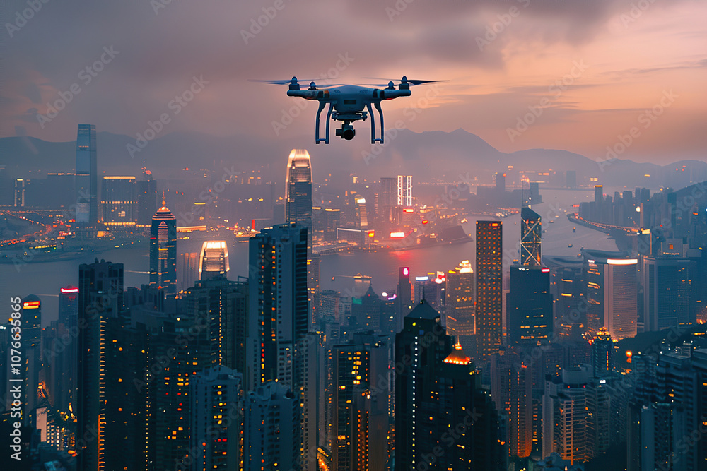 Drone flying in the sky over nature during observation Drone flying in the sky over nature during observation
