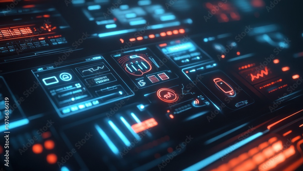 Futuristic User Interface with Red and Blue Glowing Elements Futuristic User Interface with Red and Blue Glowing Elements
