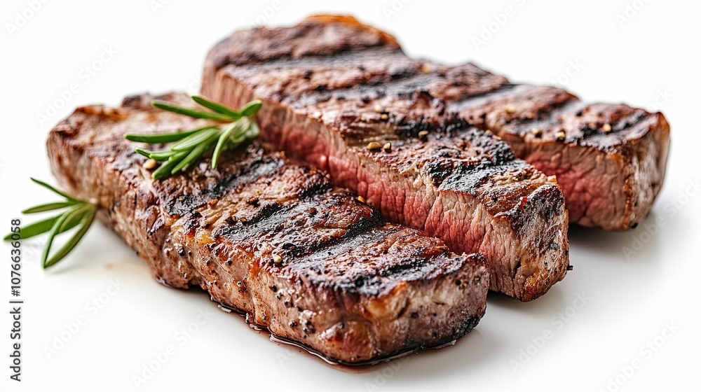Grilled Steak with Rosemary Garnish on White Plate Grilled Steak with Rosemary Garnish on White Plate