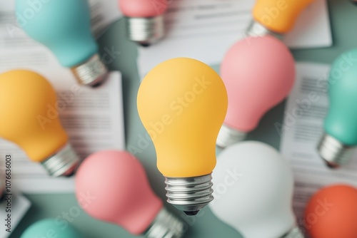 A colorful arrangement of lightbulbs on a surface, featuring unique pastel shades, emphasizing creativity and innovation. photo