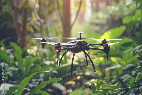 Drone flying in sky over beautiful nature during observation from top