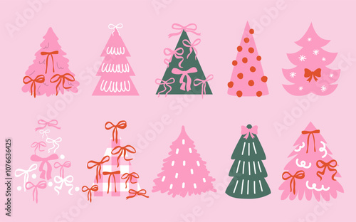 Christmas tree icons. Cute girly coquette style. Pink ribbon and bow. Y2k aesthetic. Vector