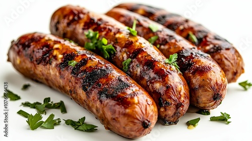 Four Grilled Sausages with Parsley on a White Plate