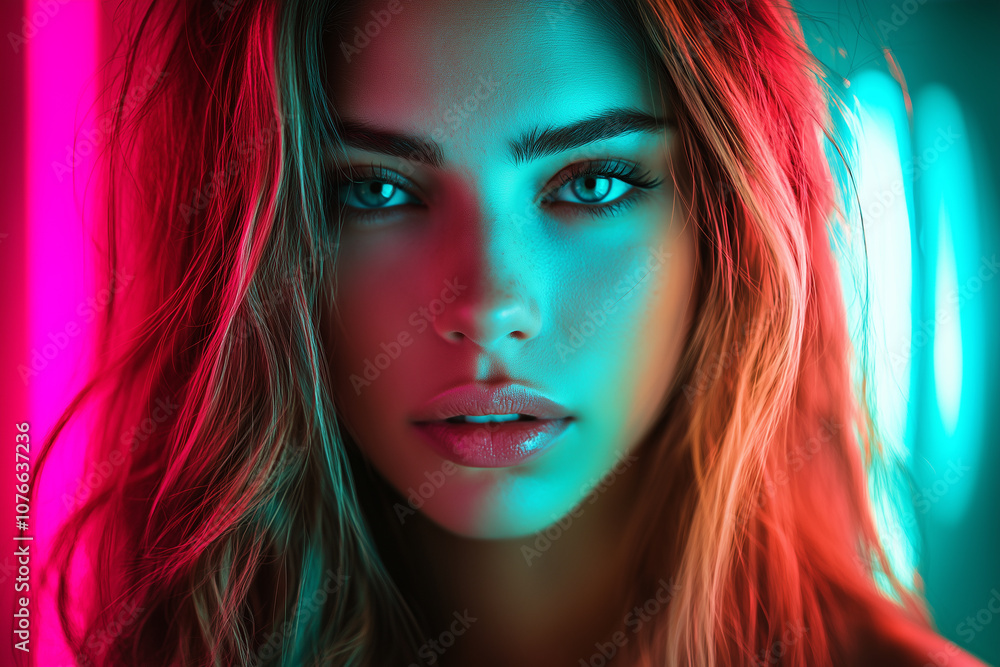 Obraz premium Ethereal Neon-Lit Portrait of Woman with Long Hair.