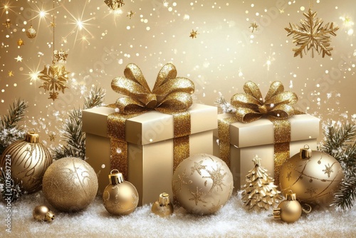 Golden holiday gifts arranged among pine branches and snow with festive ornaments