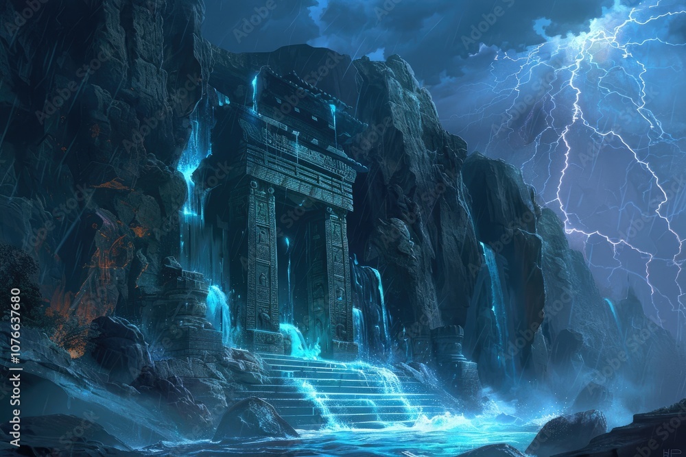 Ancient Stone Gateway Bathed in Blue Light with Lightning in the Background Ancient Stone Gateway Bathed in Blue Light with Lightning in the Background