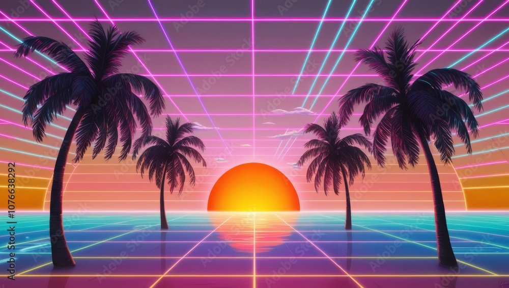 Naklejka premium Retro Sunset Palm Trees Neon Grid Digital Art