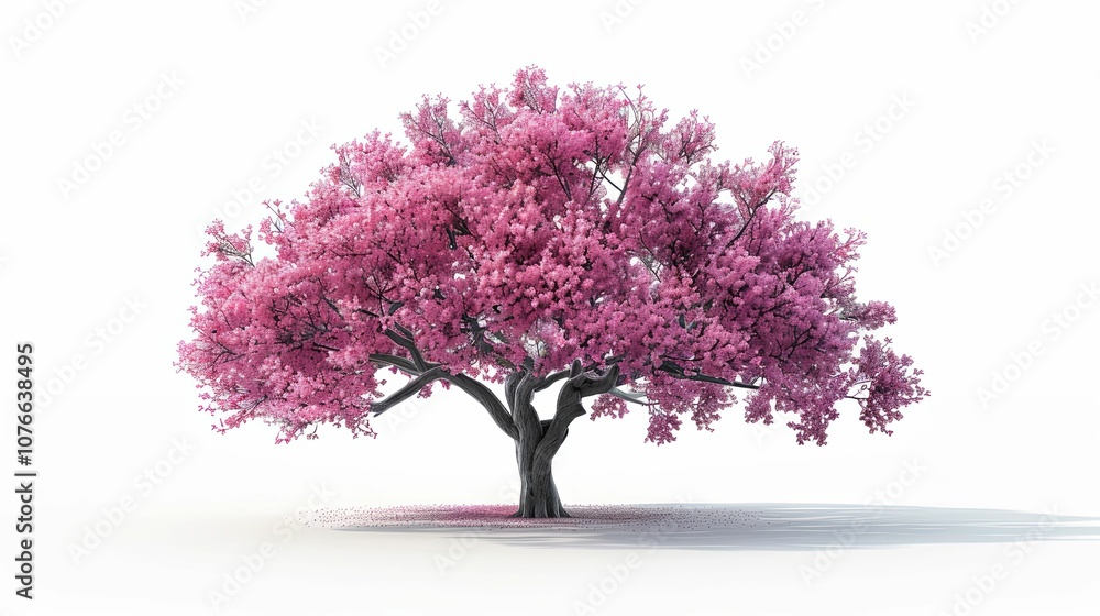 Fototapeta premium A Single Pink Cherry Blossom Tree Isolated on a White Background