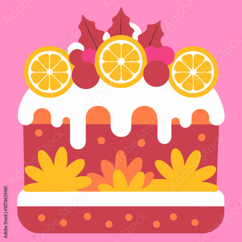 Festive Cake: A delicious, illustrated cake adorned with orange slices and holly leaves, perfect for a festive celebration. It is a simple, flat design on a pink background. 