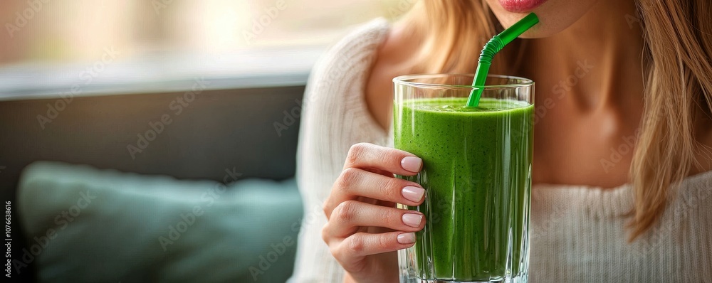 A woman drinks a green smoothie through a straw, showcasing a healthy lifestyle choice in a cozy setting with natural lighting. A woman drinks a green smoothie through a straw, showcasing a healthy lifestyle choice in a cozy setting with natural lighting.