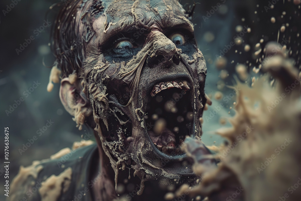 Obraz premium Scary sinister zombie wandering in street with lighting on Halloween