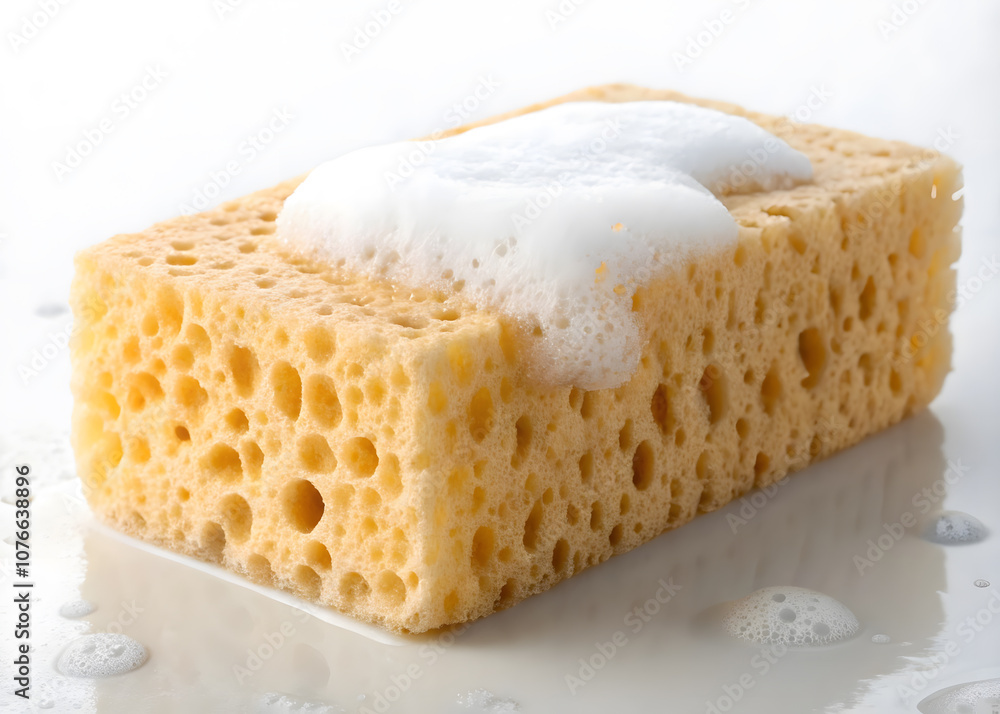 Close-up of yellow sponge with white foam for household cleaning. Close-up of yellow sponge with white foam for household cleaning.
