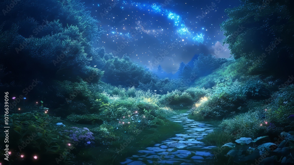 Fototapeta premium a lush green garden at midnight