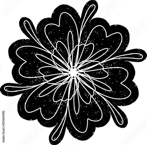 Textured black symmetrical element in linocut style vector photo