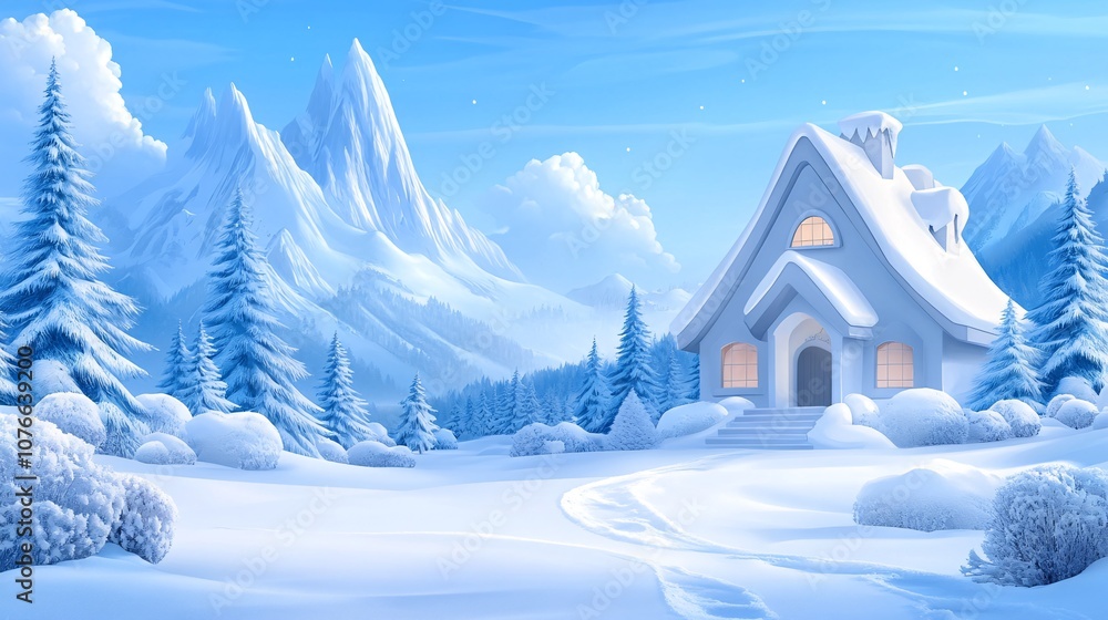 Fototapeta premium Charming Winter Wonderland Scene with Snowy Mountains and Festive Cottage