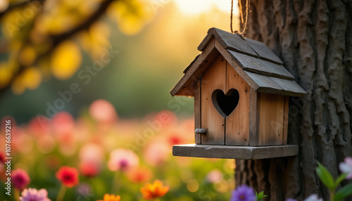 Charming Birdhouse in a Colorful Flower Garden at Sunset