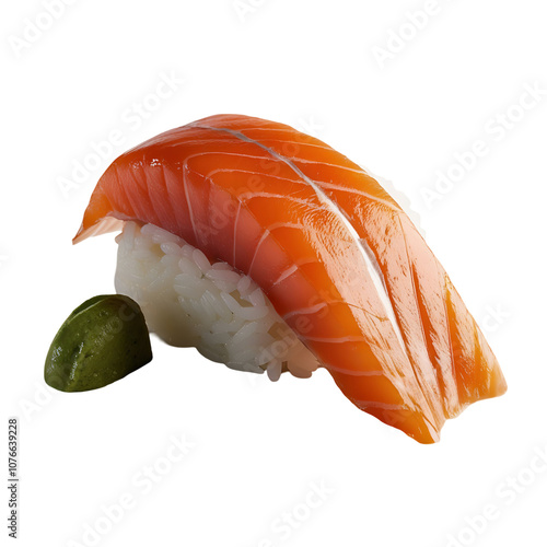 Single piece of salmon sushi with a pickled ginger garnish. photo