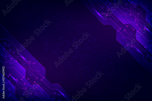Modern technology circuit board. Abstract Scifi PCB trace data transfer with wave flow on dark purple background. Vector illustration.