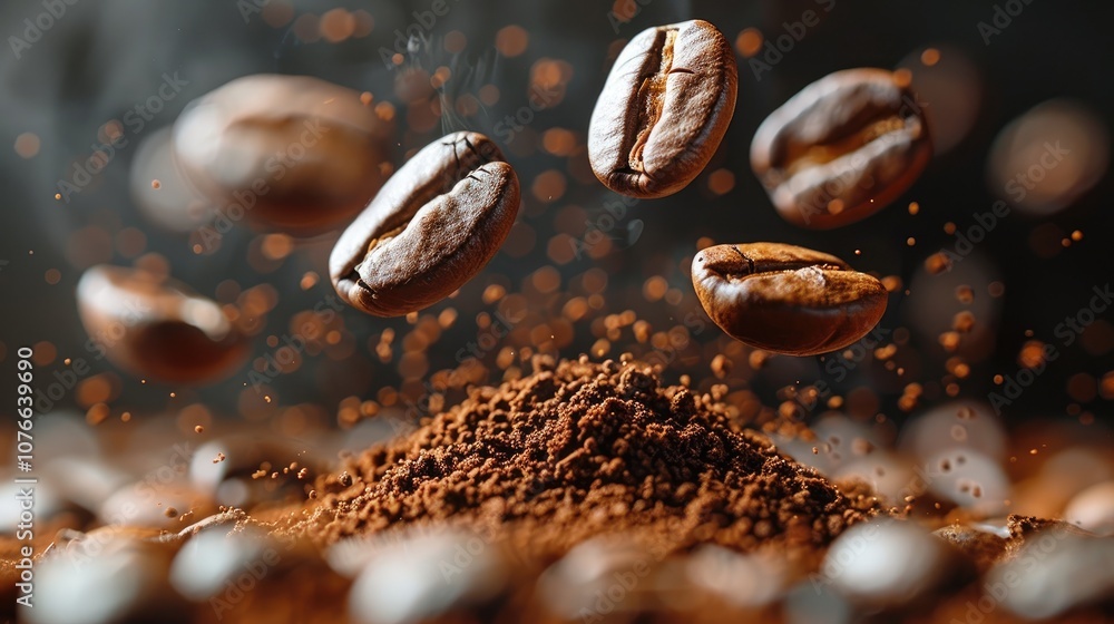 Coffee Beans in Flight Over Ground Coffee Coffee Beans in Flight Over Ground Coffee