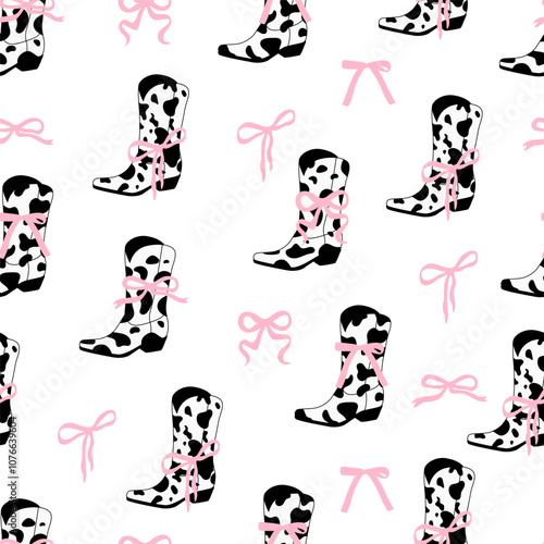 Coquette cowboy cowgirl seamless pattern. Pink ribbon bow