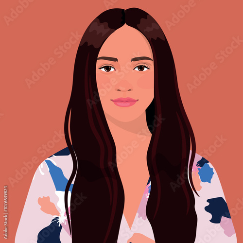 portrait of a pretty young girl of European appearance with clear skin and long dark hair. flat fashion illustration. Advertising poster of different age. Avatar for a social network.