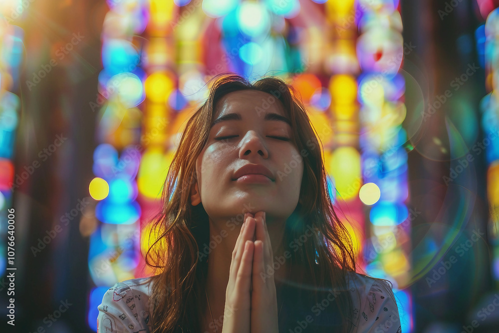 Generative AI Portrait of Peaceful Person in Church with Radiant Light and Religious Reverence Generative AI Portrait of Peaceful Person in Church with Radiant Light and Religious Reverence