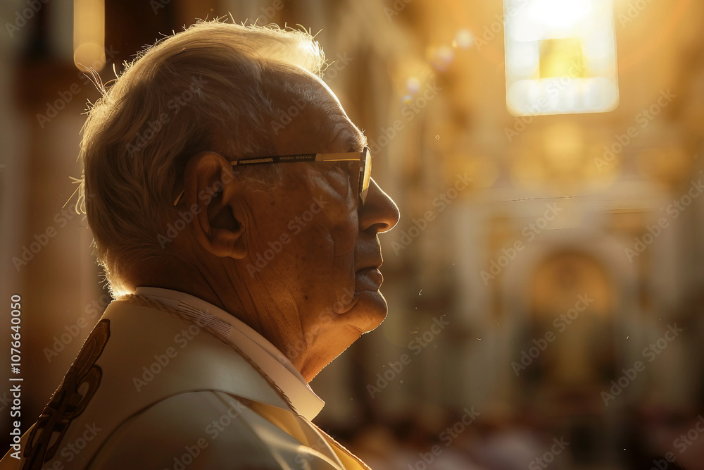 Generative AI Portrait of Pastor in Church Setting with Radiant Light and Religious Reverence Generative AI Portrait of Pastor in Church Setting with Radiant Light and Religious Reverence
