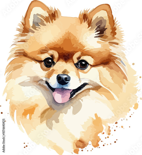 Hand drawn watercolor painting of a Pomiranian. Vector Illustration isolated on white background. 