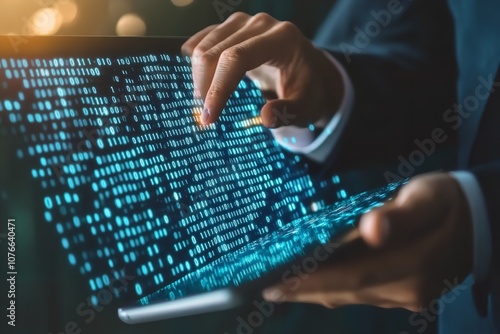 Businessman touching a digital hologram of binary code and data

 photo