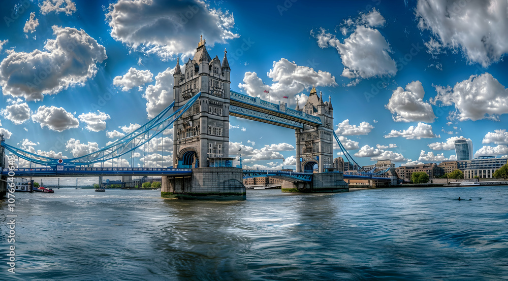 Obraz premium Panoramic view of Tower Bridge in London, blue sky with white clouds, cityscape background