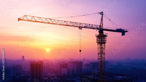 Construction crane silhouetted against the evening sky at a high-rise building site with a cityscape